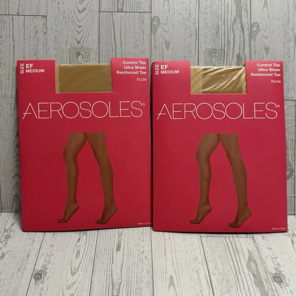 2x Aerosoles Ultra Sheer‎ Control Top Tights Reinforced Toe Beige Size Medium EF